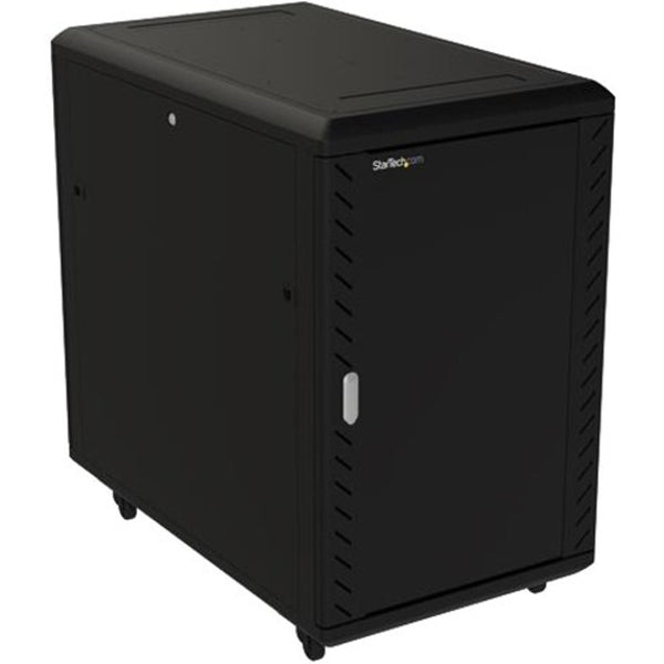 StarTech.com 18U 19\ Server Rack Cabinet - 4 Post Adjustable Depth (6-32\") Locking Knock Down Enclosure - Mobile w/Glass Door & Casters RK1836BKF"