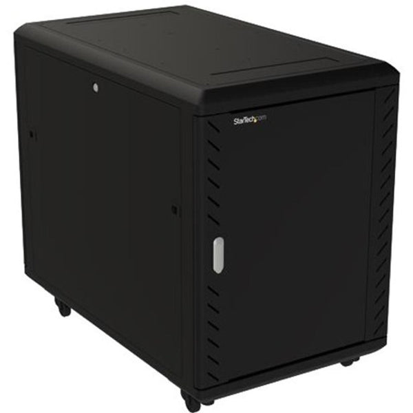 StarTech.com 15U 19\ Server Rack Cabinet - 4 Post Adjustable Depth (6-32\") Locking Knock Down Enclosure - Mobile w/Glass Door & Casters RK1536BKF"