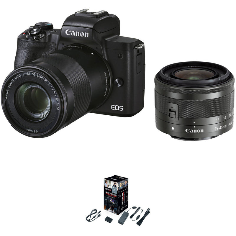 Canon EOS M50 Mark II Mirrorless Camera with 15-45mm and 55-200mm Lenses and Webcam Starter Kit (Black)
