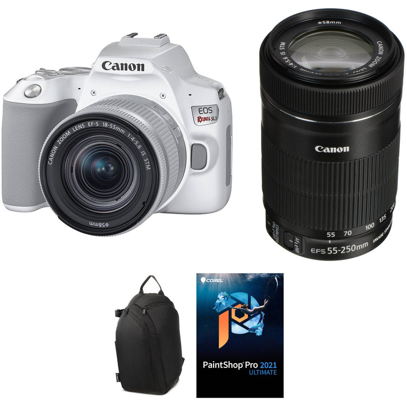Canon EOS Rebel SL3 DSLR Camera with 18-55mm and 55-250mm Lenses Kit (White)