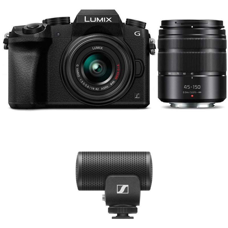 Panasonic Lumix G7 Mirrorless Camera with 14-42mm and 45-150mm Lenses and Microphone Kit