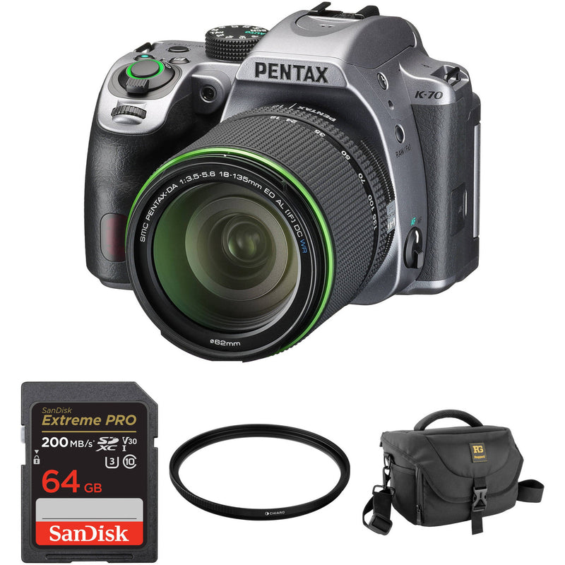 Pentax K-70 DSLR Camera with 18-135mm Lens and Accessories Kit (Silver)