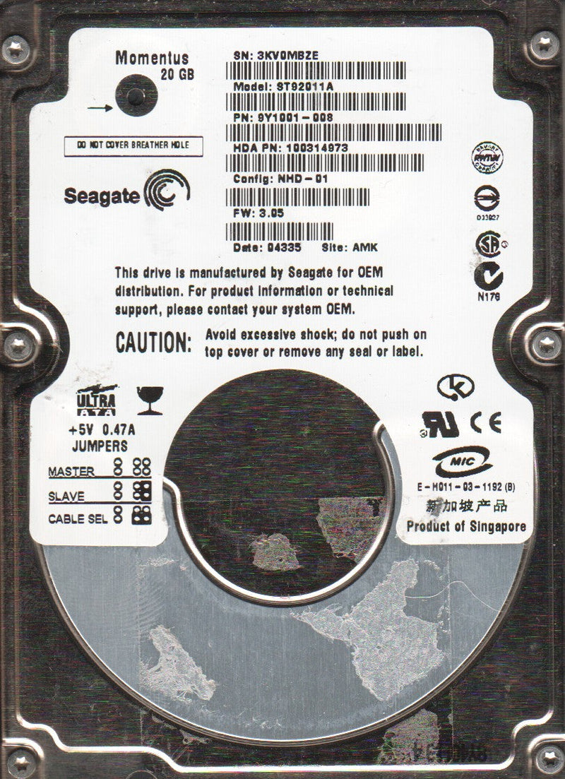 Seagate ST92011A 20GB 5400RPM 9.5MM 2MB ATA/100 2.5\ Hard Drive"